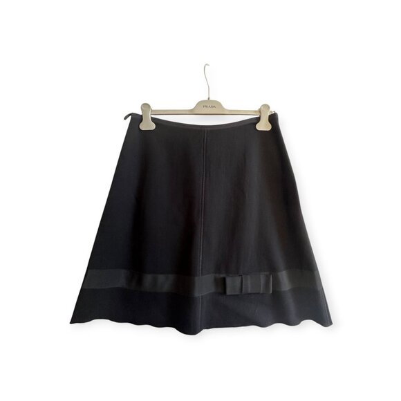 Prada Black Wool A-Line Skirt IT 46 / US 10 Ribbon Bow Trim Made in Italy - Picture 1 of 13